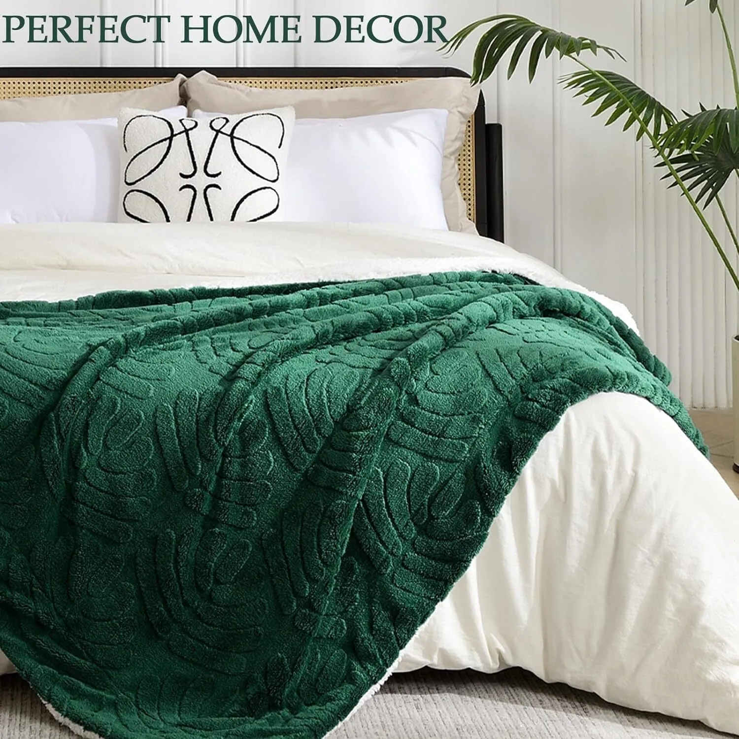 Whale Flotilla Sherpa Fleece Blanket for King Size Bed, Reversible Lightweight Blankets Warm Plush Bed Blanket for Winter Ultra Soft with Decorative Jacquard Pattern 90x104 Inch, Deep Green