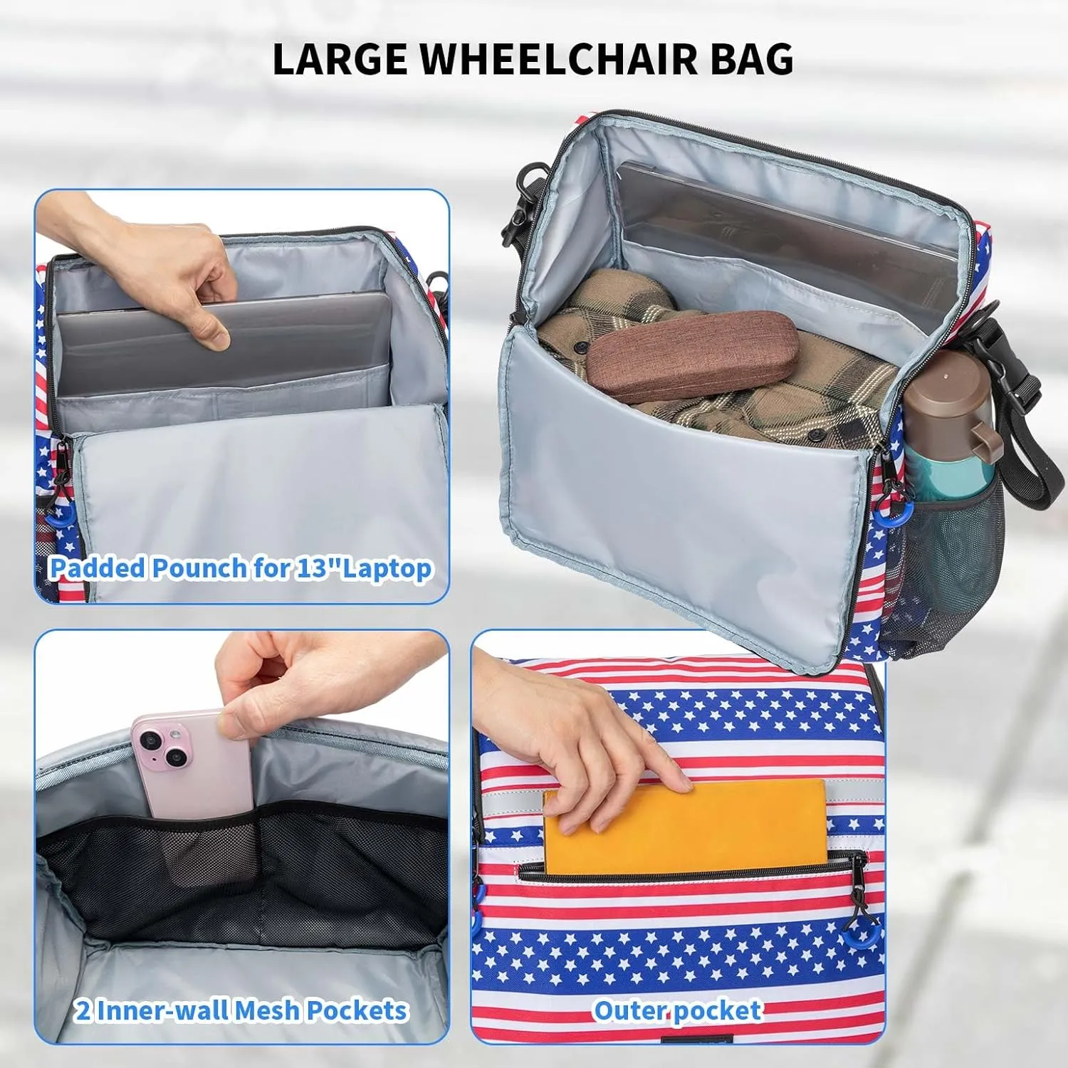 Wheelchair Bags, Wheelchair Backpack with Cup Holder, Wheelchair Bags to Hang on Back, Electric Wheel Chair Accessories, Large Storage Bag for Walker Rollator