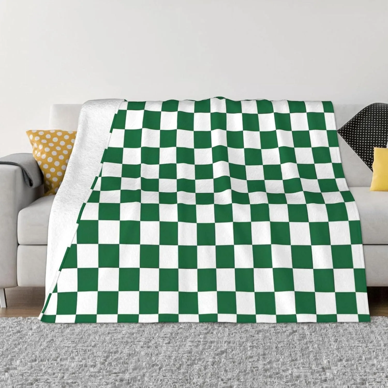 White and Green Checkerboard 60"X50" Flannel Blanket - 100% Soft Polyester, Lightweight and Warm, Suitable for Families, Camping, Travel