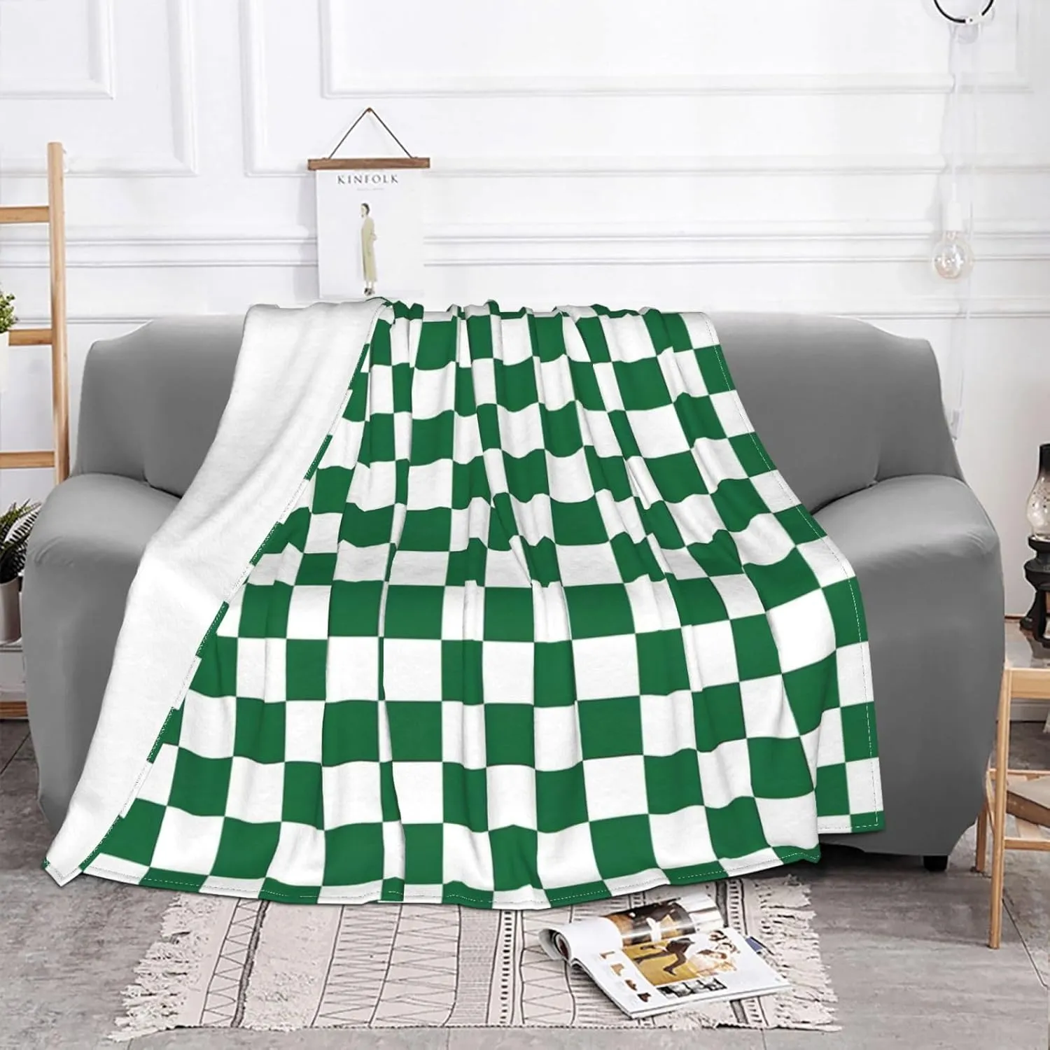 White and Green Checkerboard 60"X50" Flannel Blanket - 100% Soft Polyester, Lightweight and Warm, Suitable for Families, Camping, Travel