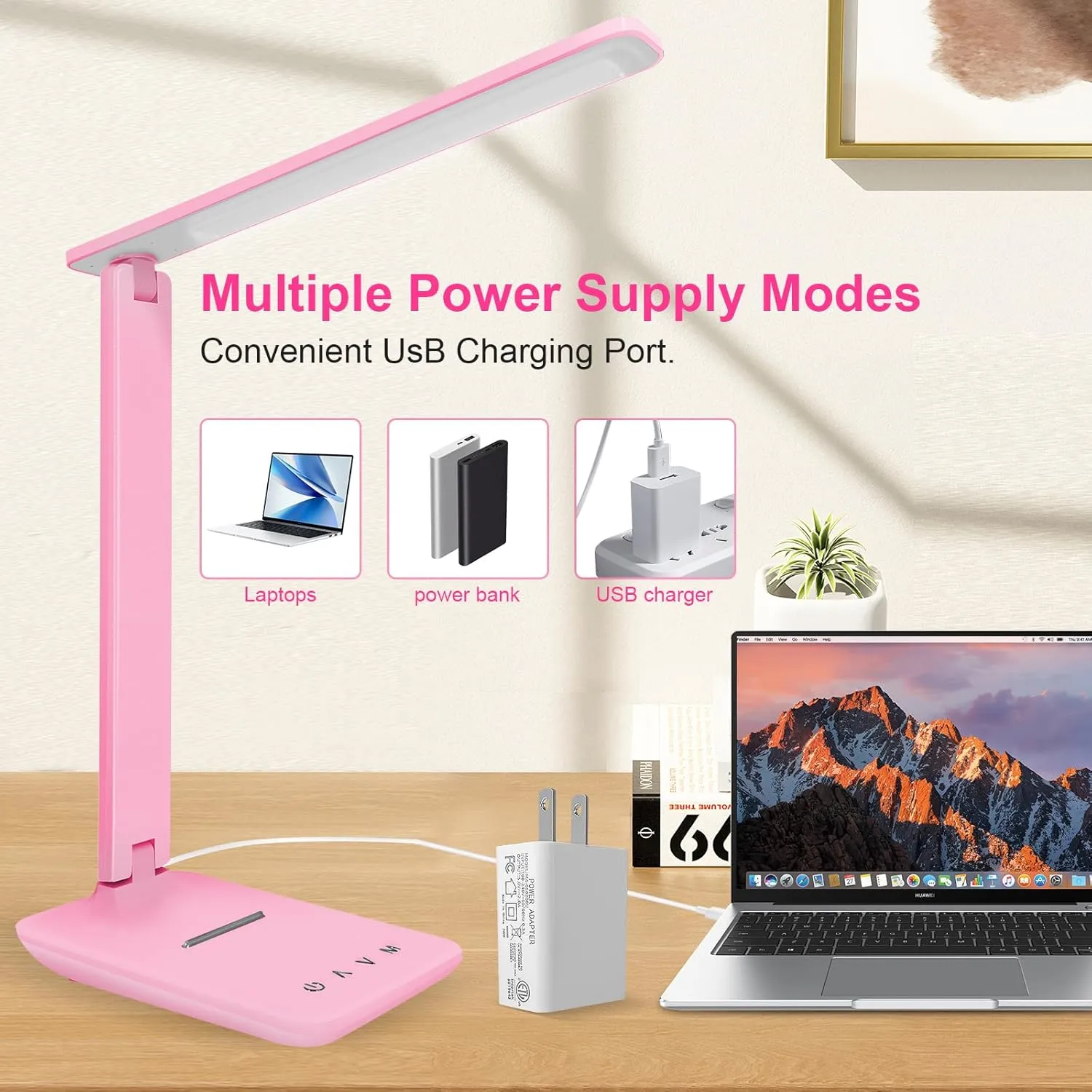 White crown LED Desk Lamp Dimmable Table Lamp Reading Lamp with USB Charging Port, 5 Lighting Modes, Sensitive Control, 30/60 Minutes Timer (Pink, First-Generation)