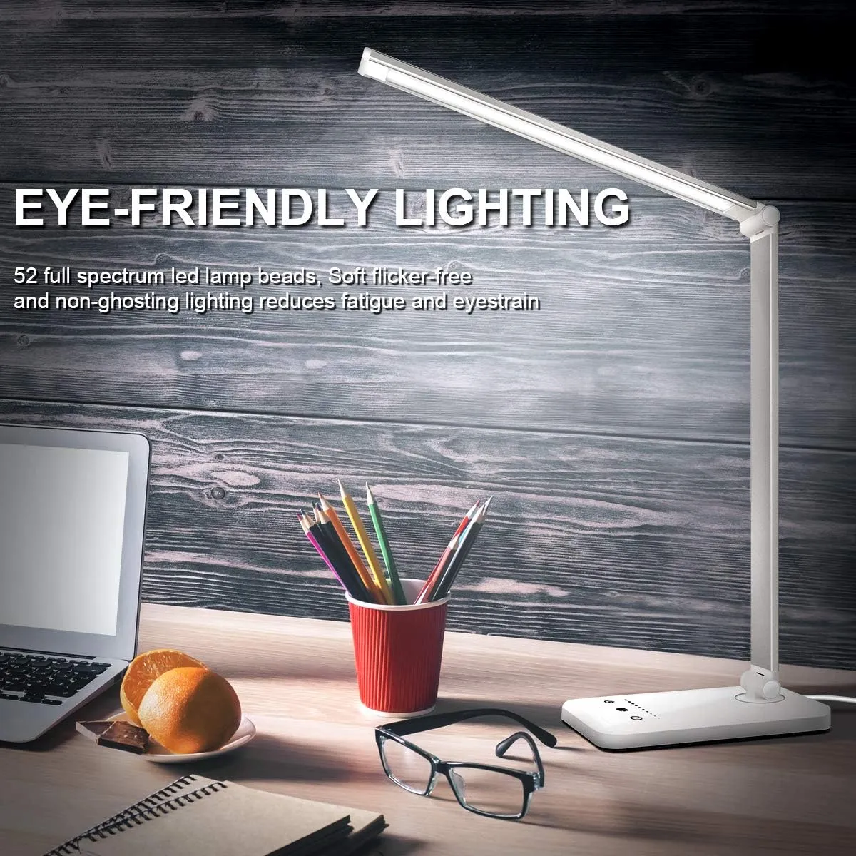 White crown LED Desk Lamp Dimmable Table Lamp Reading Lamp with USB Charging Port, 5 Lighting Modes, Sensitive Control, 30/60 Minutes Timer (White, First-Generation)