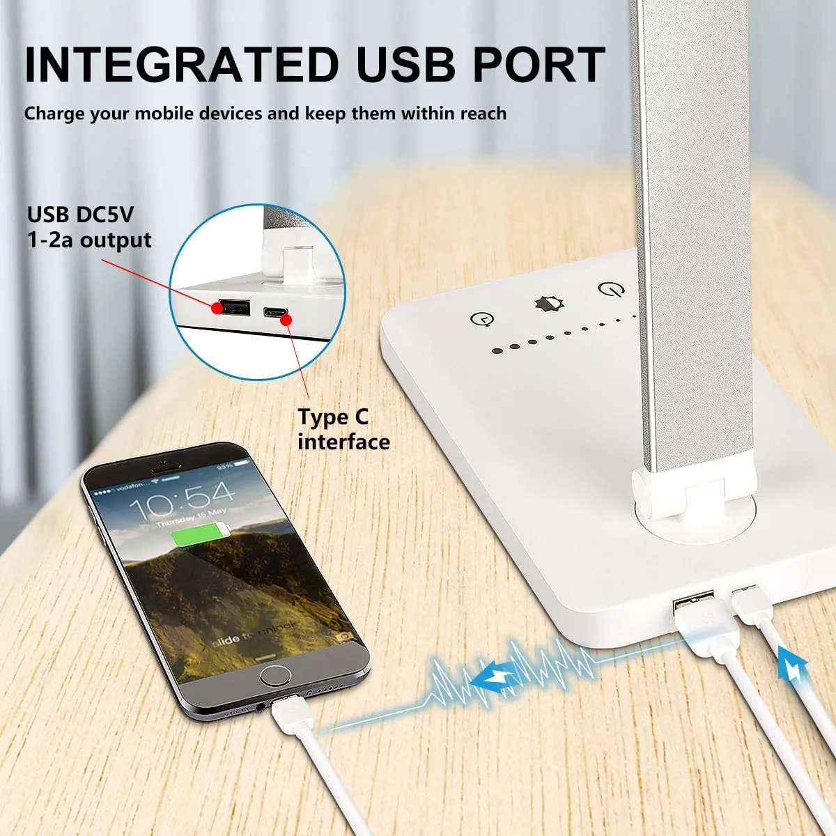 White crown LED Desk Lamp Dimmable Table Lamp Reading Lamp with USB Charging Port, 5 Lighting Modes, Sensitive Control, 30/60 Minutes Timer (White, First-Generation)