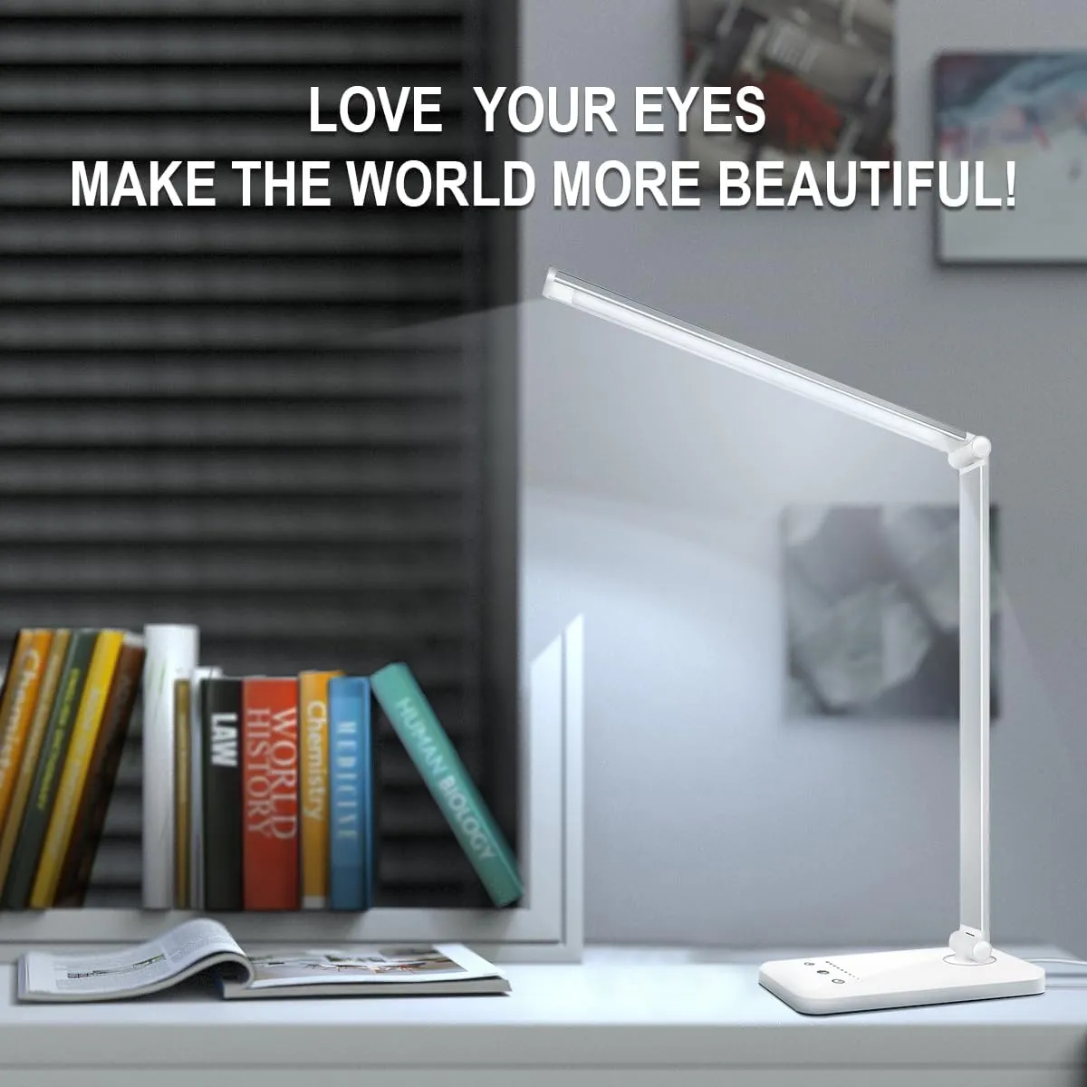 White crown LED Desk Lamp Dimmable Table Lamp Reading Lamp with USB Charging Port, 5 Lighting Modes, Sensitive Control, 30/60 Minutes Timer (White, First-Generation)