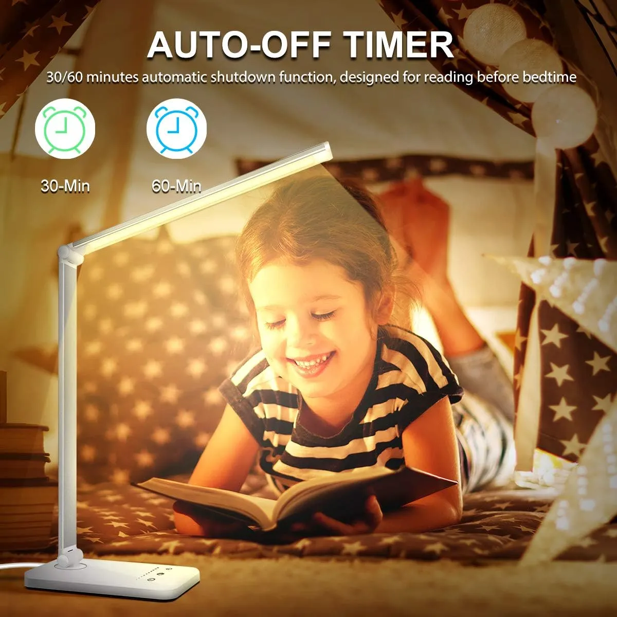 White crown LED Desk Lamp Dimmable Table Lamp Reading Lamp with USB Charging Port, 5 Lighting Modes, Sensitive Control, 30/60 Minutes Timer (White, First-Generation)