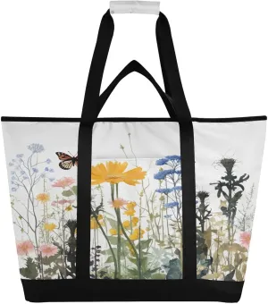 Wild Flower Reusable Insulated Lunchbox Cooler Bag, Leakproof Kitchen Grocery Bag Collapsible Portable Cooler Tote Bag for Picnic, Camping, Office, Travel