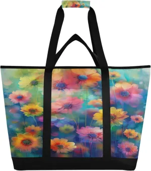 Wildflowers Reusable Insulated Cooler Bag with Ice Pack Compartment - Large 144L Waterproof Thermal Grocery Tote for Picnic Beach Camping Lunch Storage
