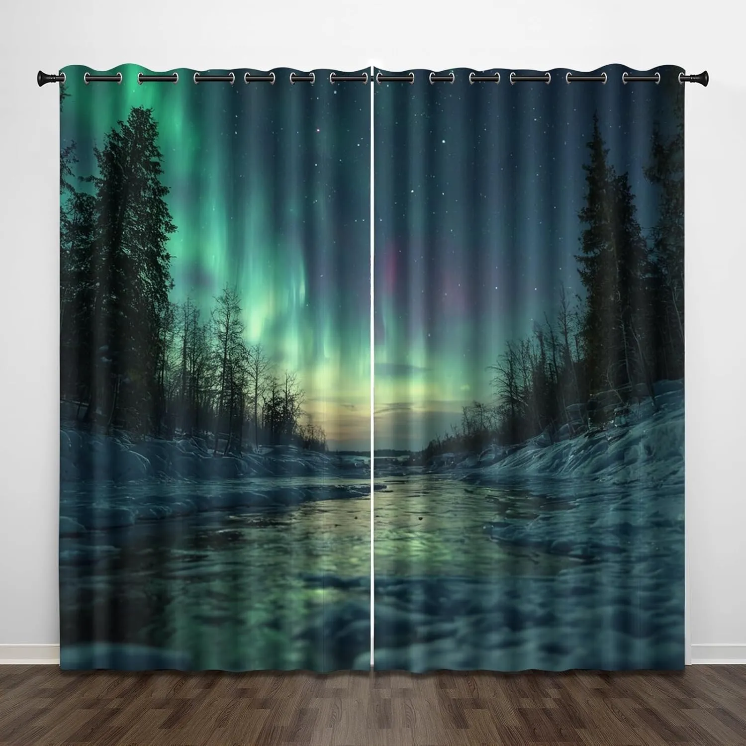 Window Curtain Panels Green Aurora Wear Resistant 52" W x 63" L Snow Stream Jungle 2 Panel Sets Blackout Protect Privacy Thermal Insulated with Grommet Drapes for Living Room Bedroom