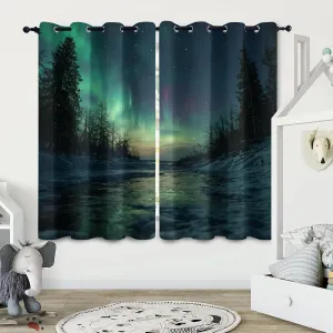 Window Curtain Panels Green Aurora Wear Resistant 52" W x 63" L Snow Stream Jungle 2 Panel Sets Blackout Protect Privacy Thermal Insulated with Grommet Drapes for Living Room Bedroom