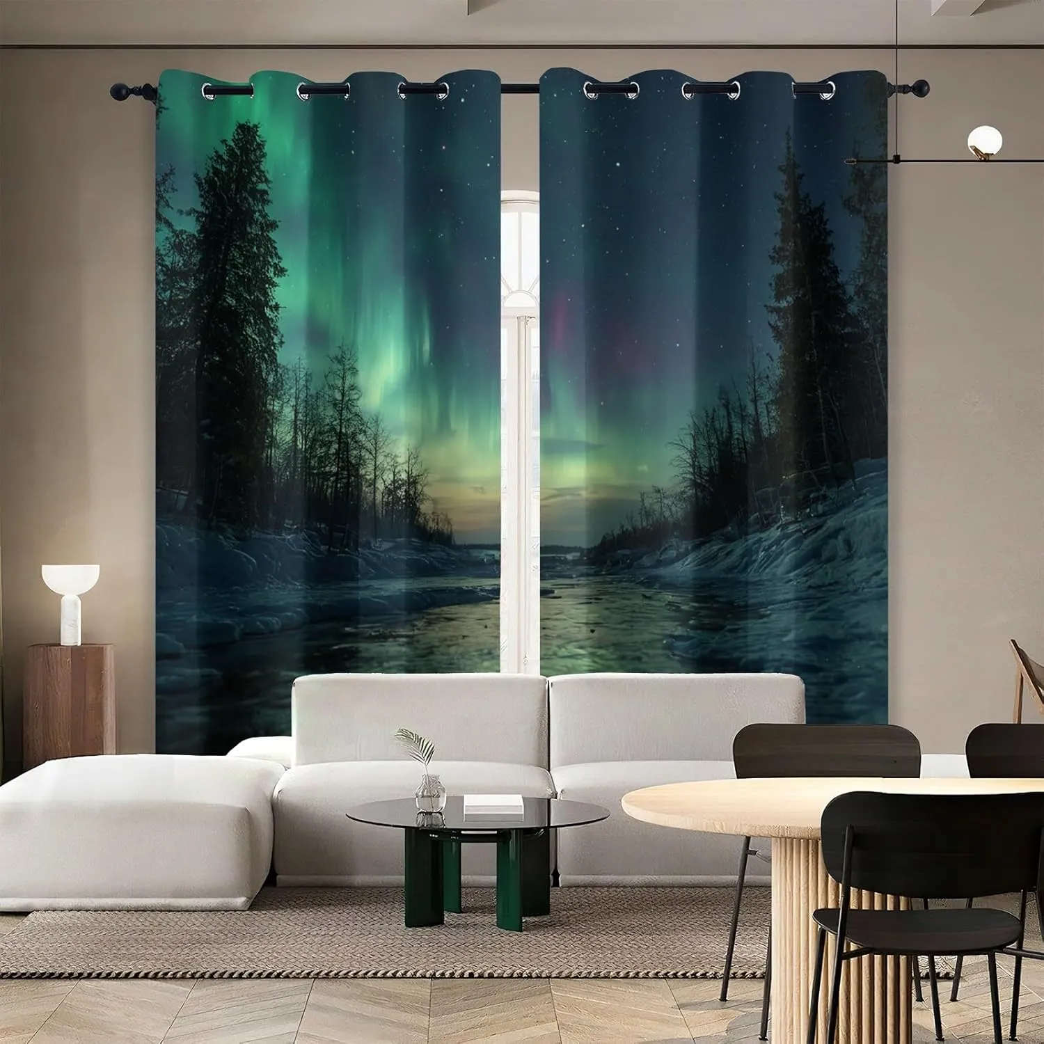 Window Curtain Panels Green Aurora Wear Resistant 52" W x 63" L Snow Stream Jungle 2 Panel Sets Blackout Protect Privacy Thermal Insulated with Grommet Drapes for Living Room Bedroom