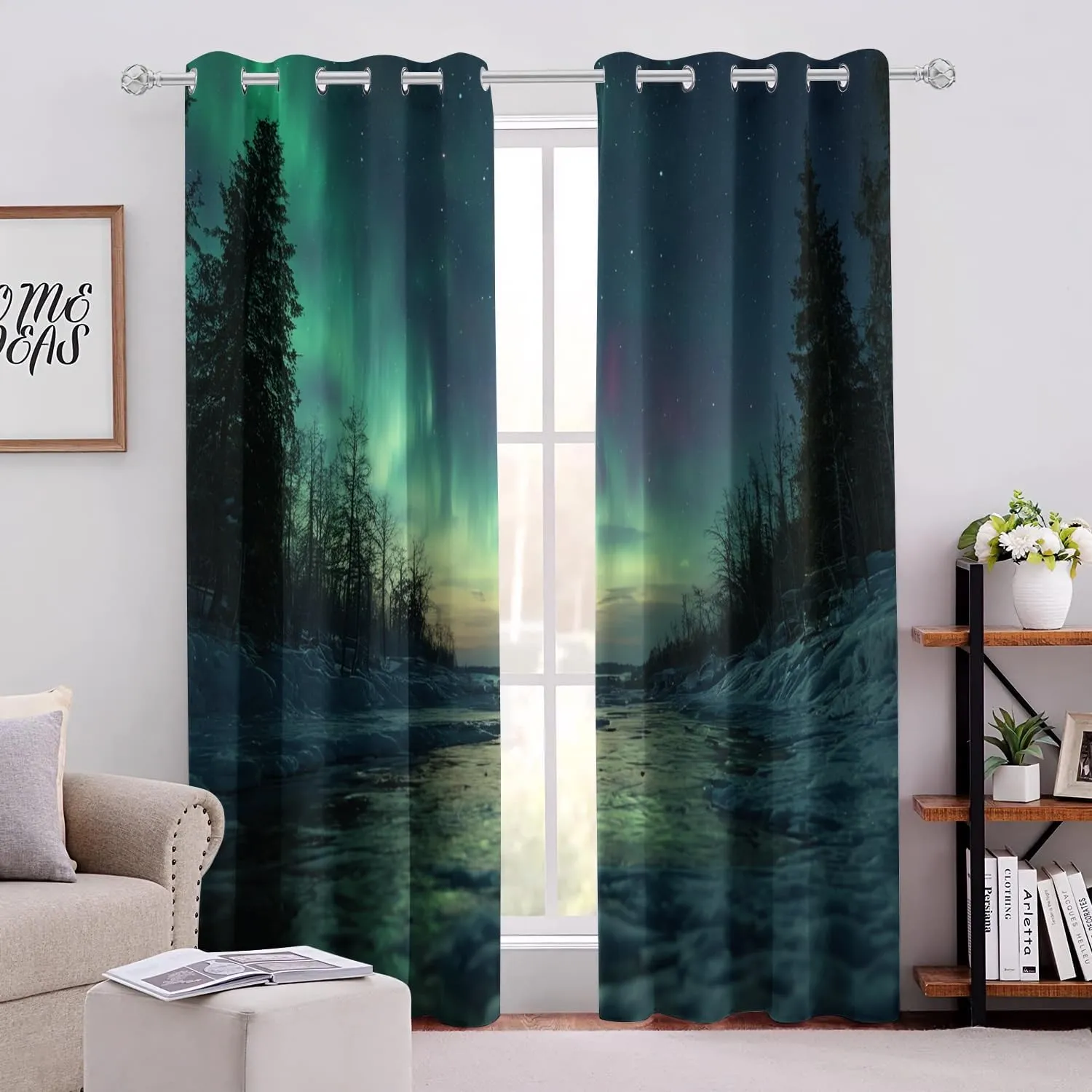 Window Curtain Panels Green Aurora Wear Resistant 52" W x 63" L Snow Stream Jungle 2 Panel Sets Blackout Protect Privacy Thermal Insulated with Grommet Drapes for Living Room Bedroom