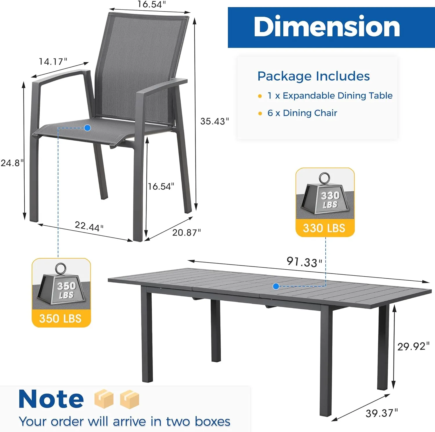 Wisteria Lane Outdoor Patio Dining Set, 7 Piece Aluminum Modern Outdoor Table and Chairs Set for 6, Metal Expandable Patio Table & 6 Stackable Textilene Chairs for Balcony Deck Backyard, Grey