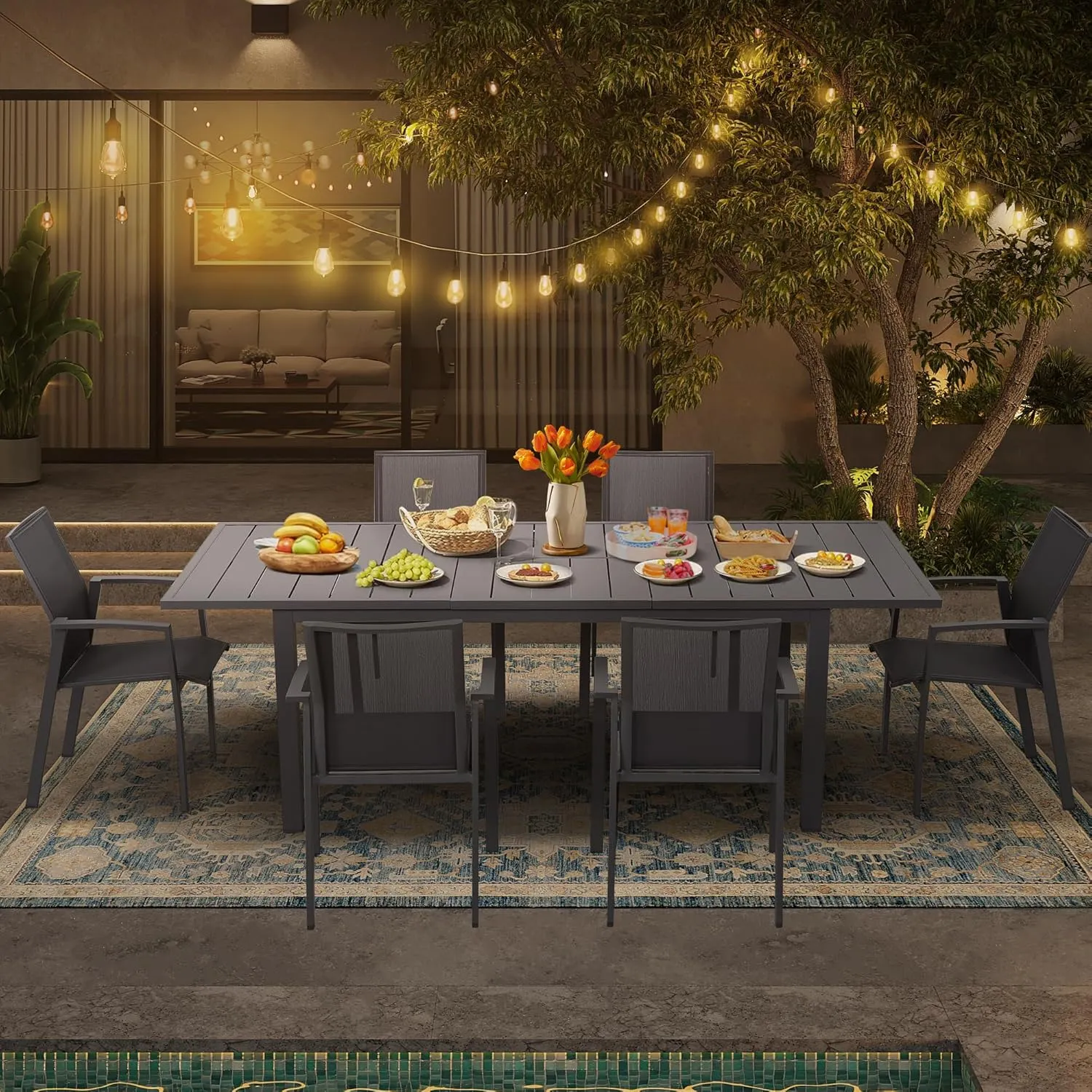 Wisteria Lane Outdoor Patio Dining Set, 7 Piece Aluminum Modern Outdoor Table and Chairs Set for 6, Metal Expandable Patio Table & 6 Stackable Textilene Chairs for Balcony Deck Backyard, Grey