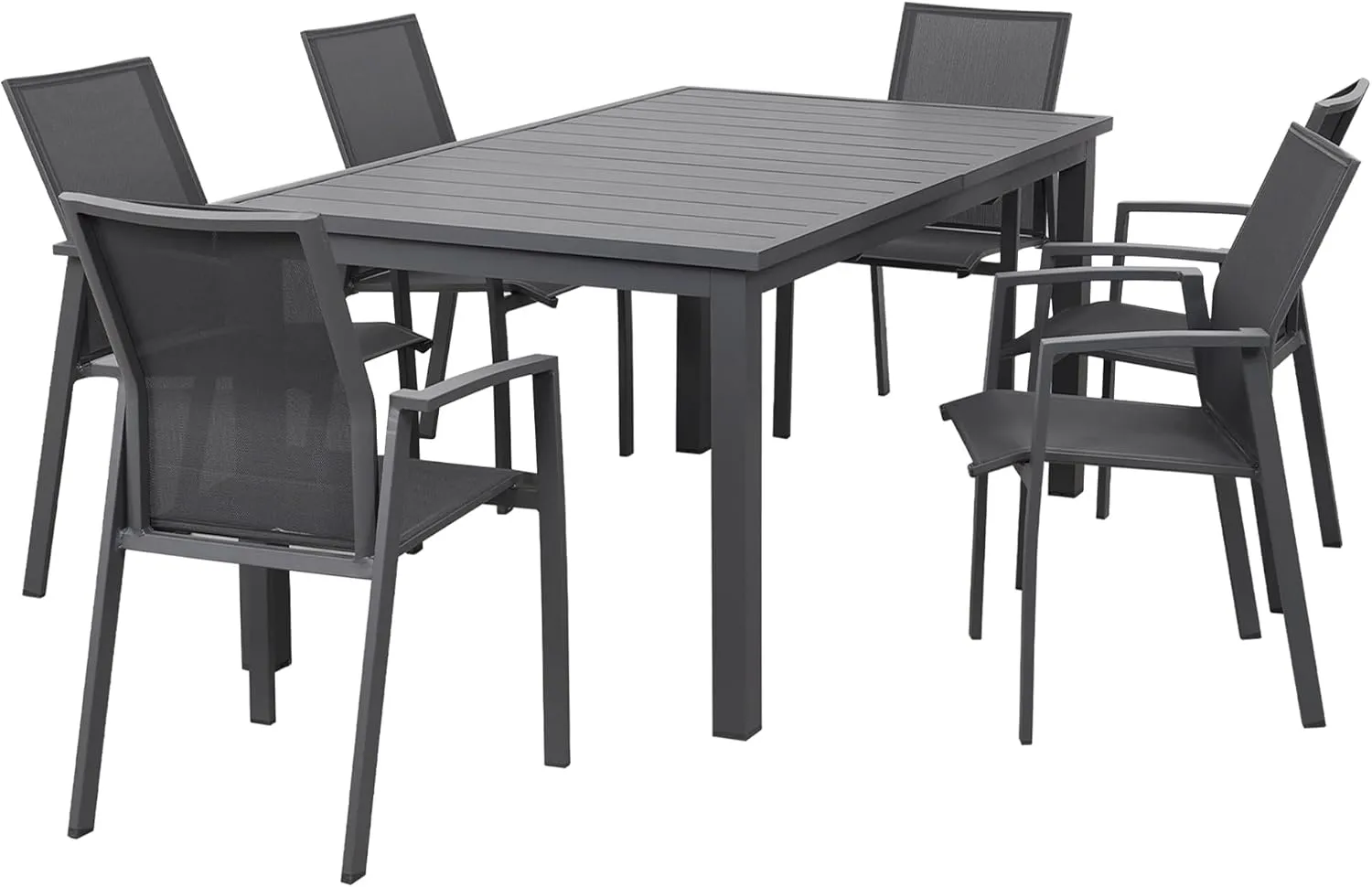Wisteria Lane Outdoor Patio Dining Set, 7 Piece Aluminum Modern Outdoor Table and Chairs Set for 6, Metal Expandable Patio Table & 6 Stackable Textilene Chairs for Balcony Deck Backyard, Grey