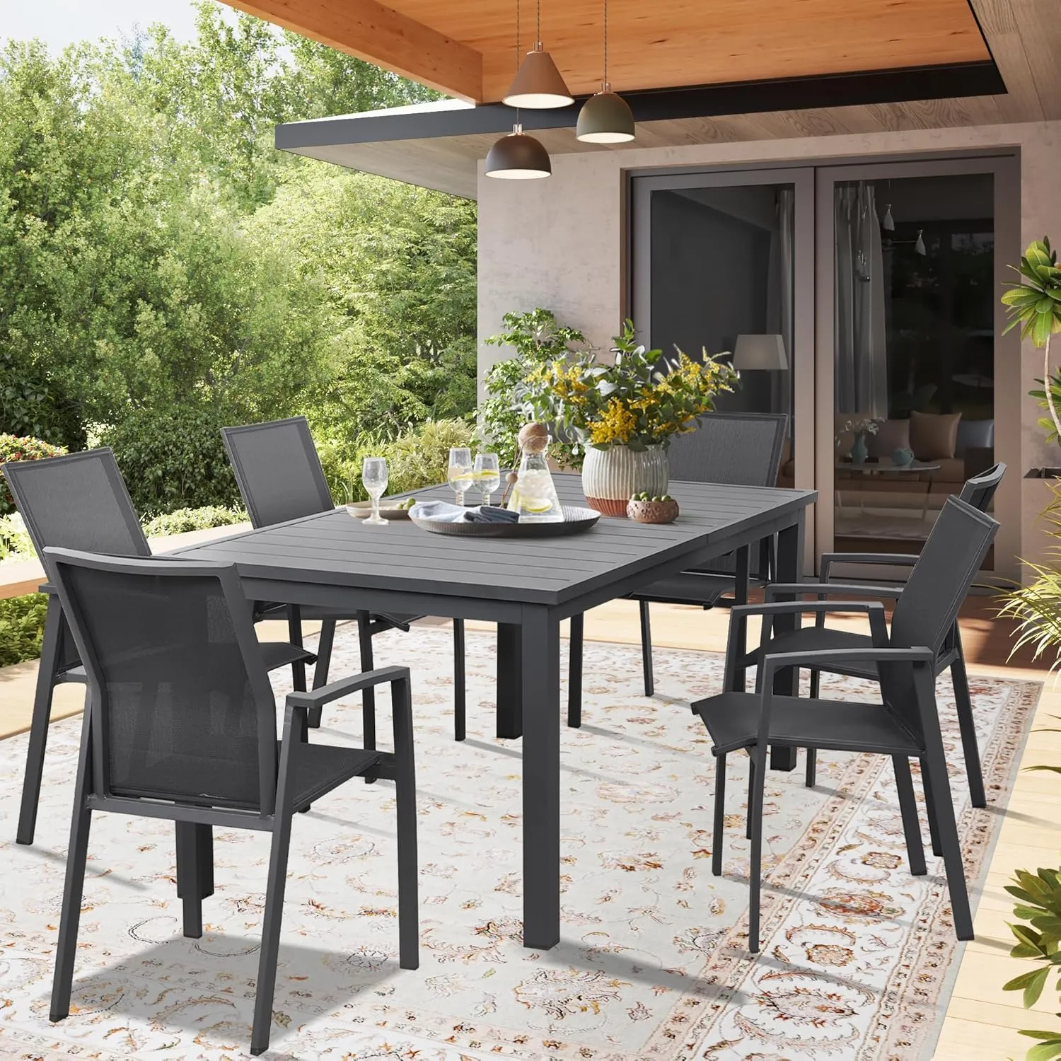 Wisteria Lane Outdoor Patio Dining Set, 7 Piece Aluminum Modern Outdoor Table and Chairs Set for 6, Metal Expandable Patio Table & 6 Stackable Textilene Chairs for Balcony Deck Backyard, Grey