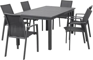Wisteria Lane Outdoor Patio Dining Set, 7 Piece Aluminum Modern Outdoor Table and Chairs Set for 6, Metal Expandable Patio Table & 6 Stackable Textilene Chairs for Balcony Deck Backyard, Grey