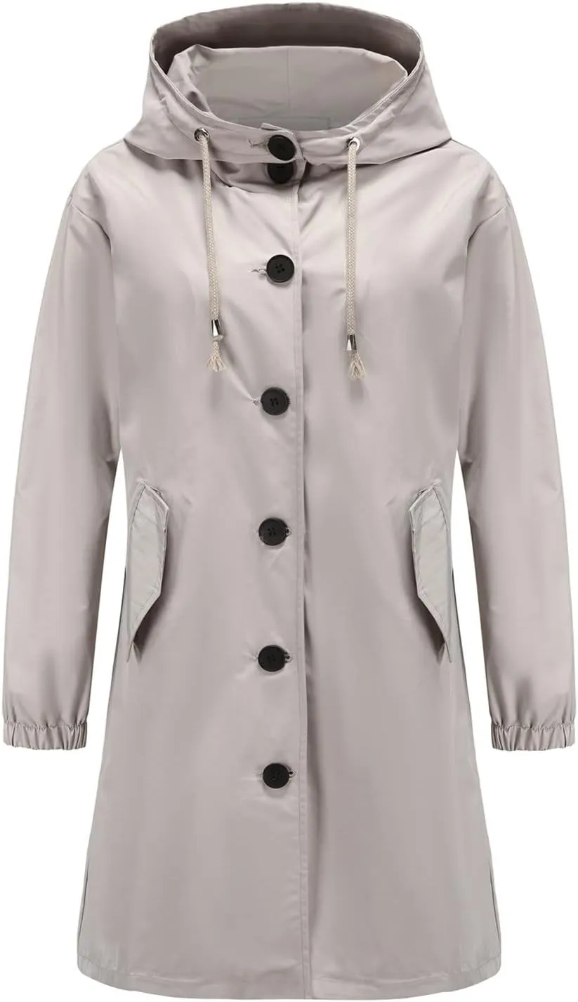 Women Raincoats Hooded with Pockets Waterproof Long Rain Jackets Outdoor Solid Button Down Windbreaker Trench Coats