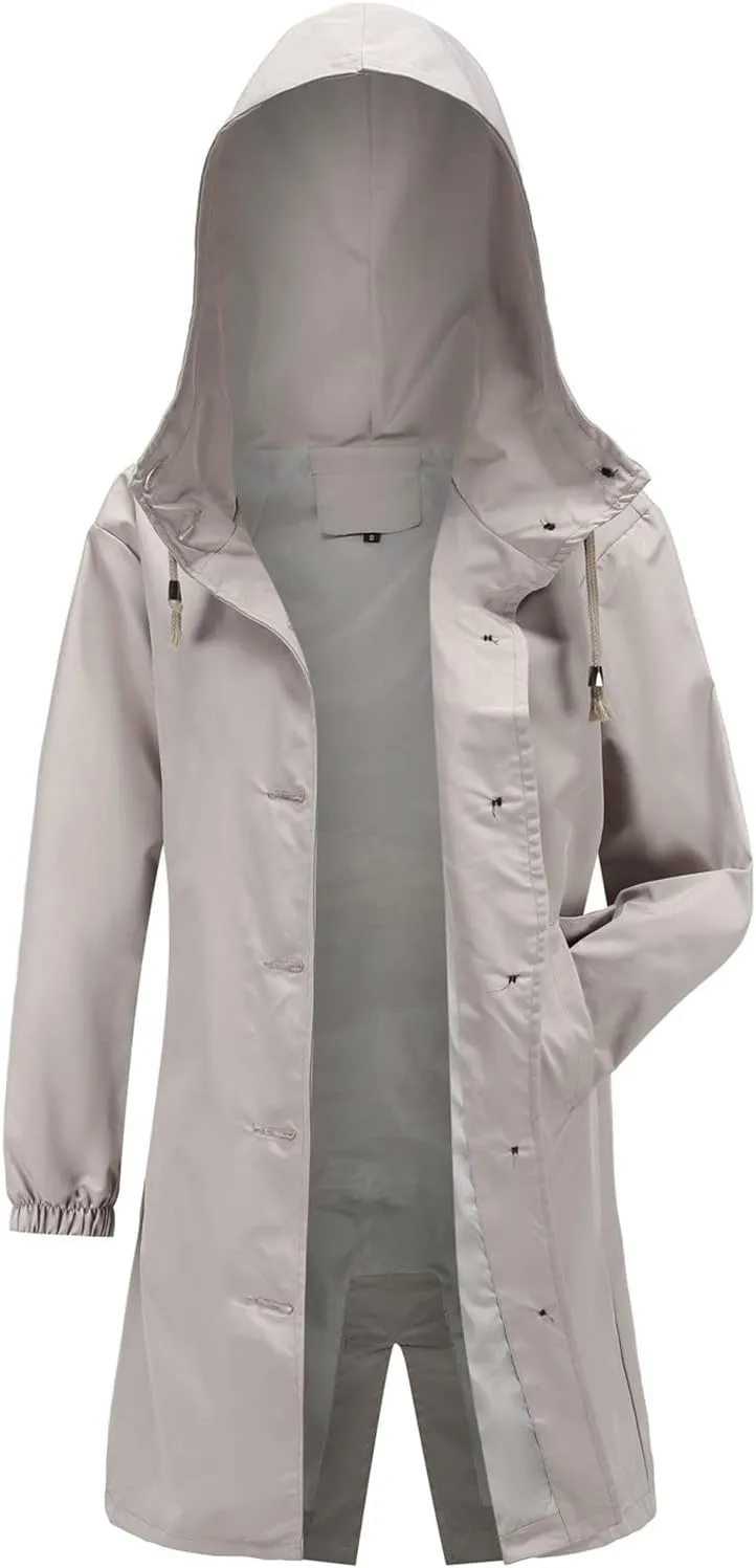 Women Raincoats Hooded with Pockets Waterproof Long Rain Jackets Outdoor Solid Button Down Windbreaker Trench Coats
