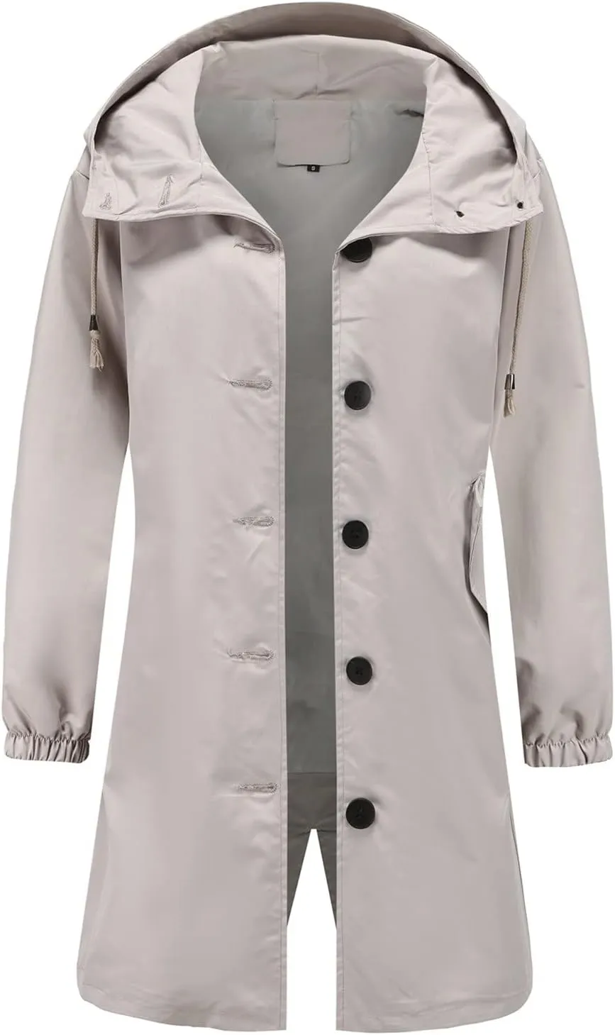 Women Raincoats Hooded with Pockets Waterproof Long Rain Jackets Outdoor Solid Button Down Windbreaker Trench Coats