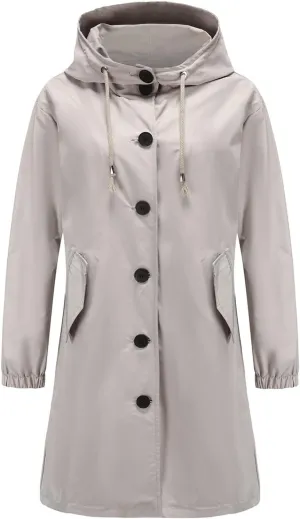 Women Raincoats Hooded with Pockets Waterproof Long Rain Jackets Outdoor Solid Button Down Windbreaker Trench Coats
