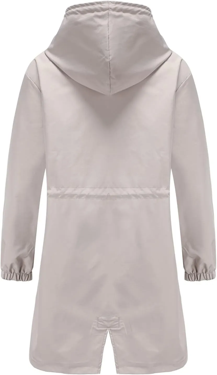 Women Raincoats Hooded with Pockets Waterproof Long Rain Jackets Outdoor Solid Button Down Windbreaker Trench Coats
