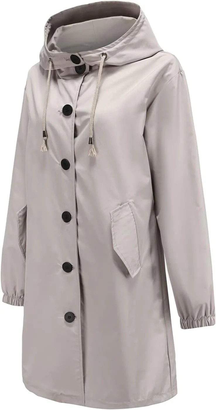 Women Raincoats Hooded with Pockets Waterproof Long Rain Jackets Outdoor Solid Button Down Windbreaker Trench Coats