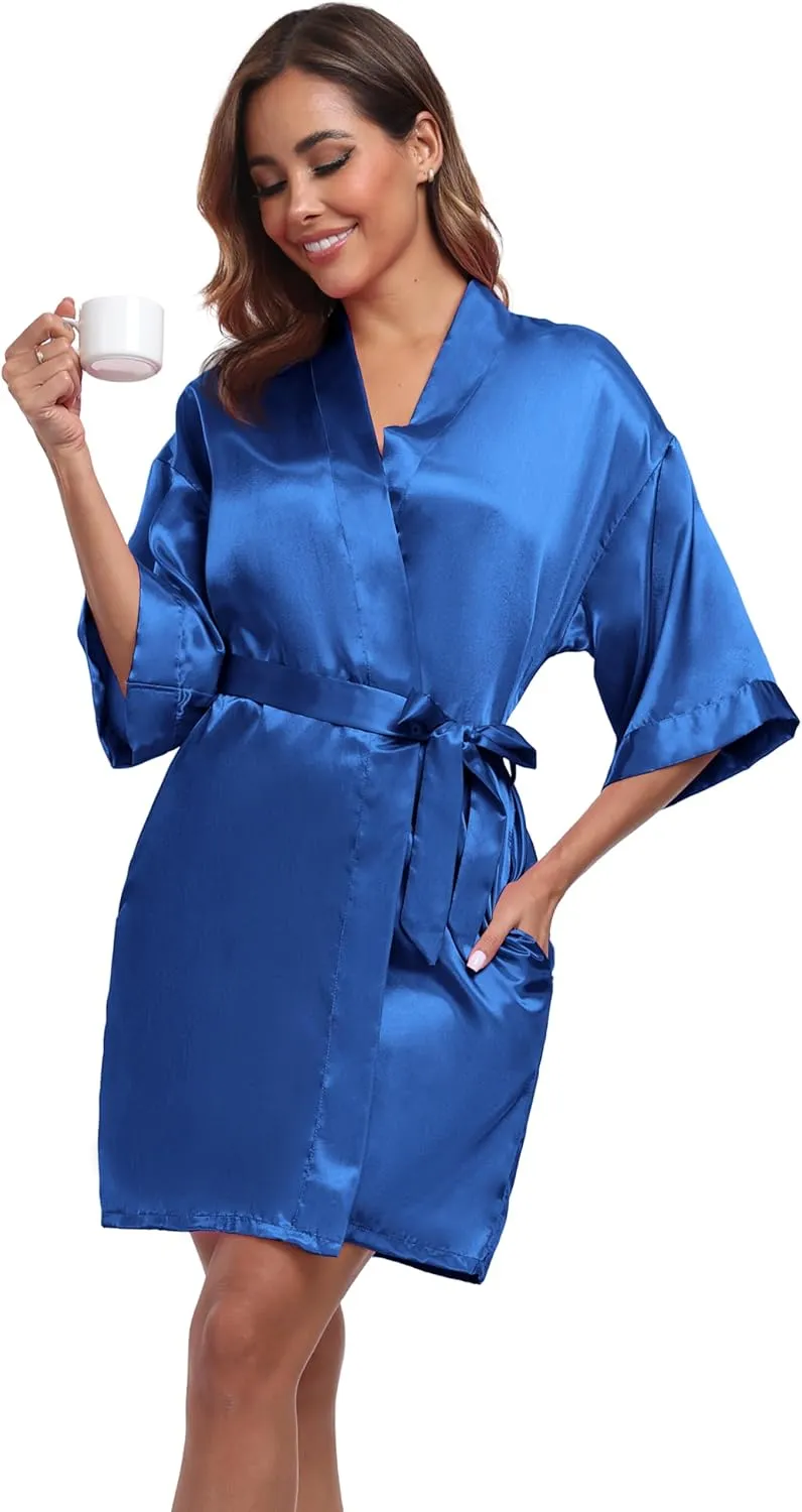 Women's Short Satin Robes Silky Bathrobe Bridesmaid Sleepwear for Wedding Party Getting Ready Solid Color