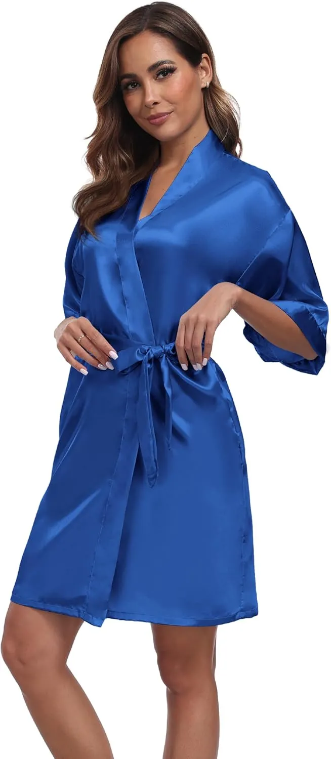 Women's Short Satin Robes Silky Bathrobe Bridesmaid Sleepwear for Wedding Party Getting Ready Solid Color