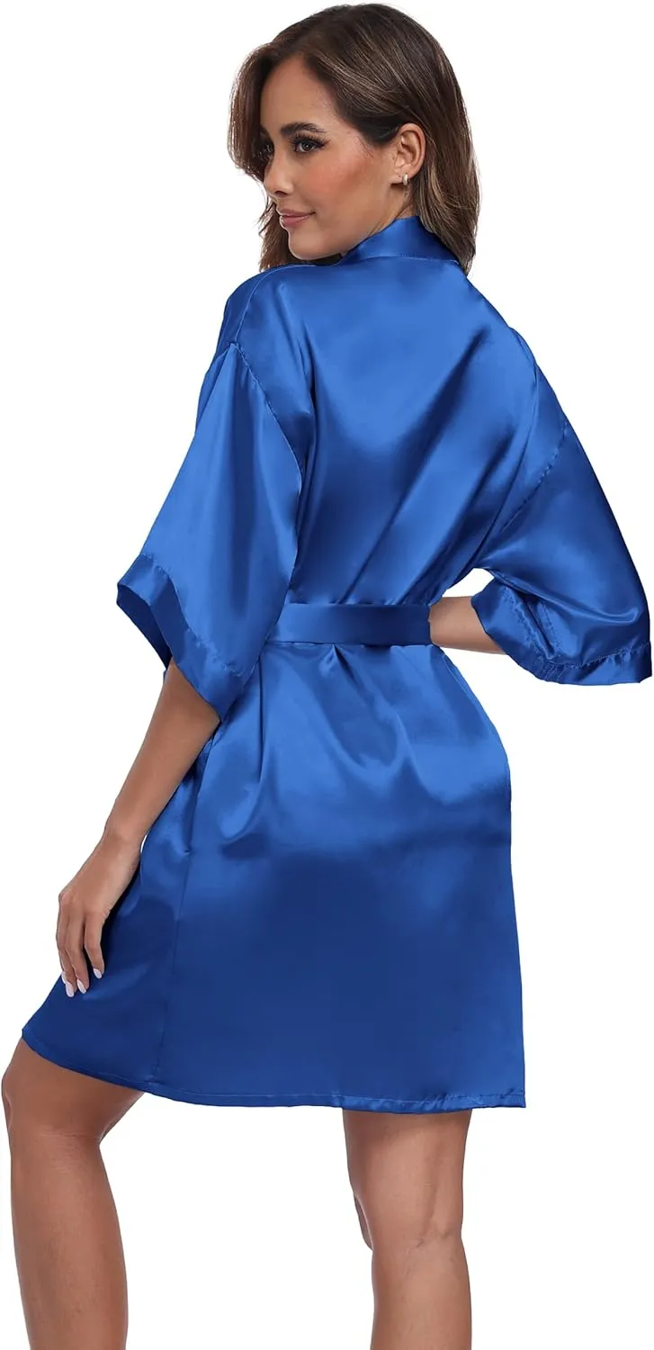 Women's Short Satin Robes Silky Bathrobe Bridesmaid Sleepwear for Wedding Party Getting Ready Solid Color