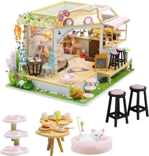 WonDerfulC Cat Cafe Wooden Miniature Dollhouse Kit DIY Pet Cat Coffee Shop Building Model Accessories with Furniture LED Light Music Box Birthday (no Dust Cover)