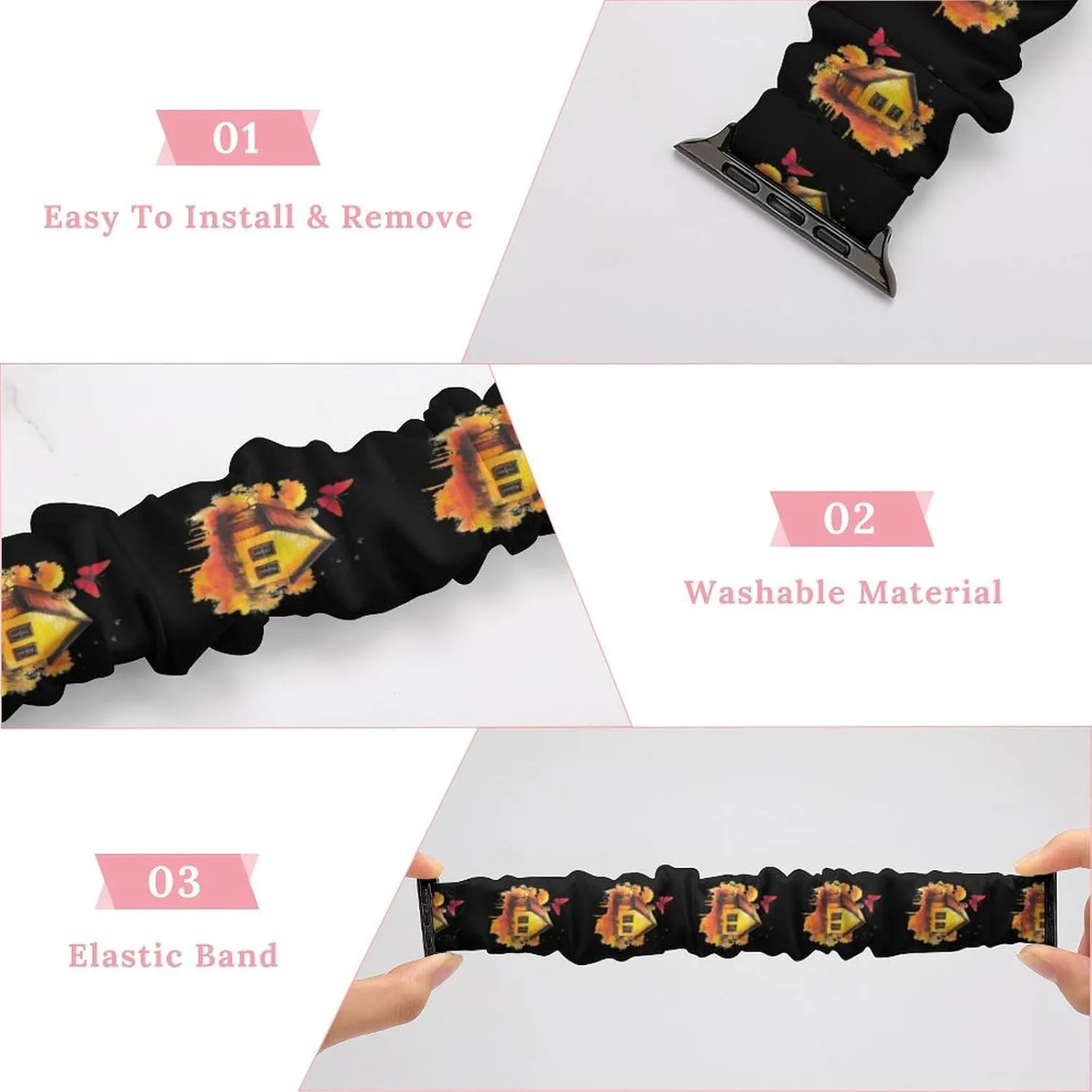 Wood House Butterfly Fashion Watch Strap Scrunchies Wristbands Compatible With IWatch Series