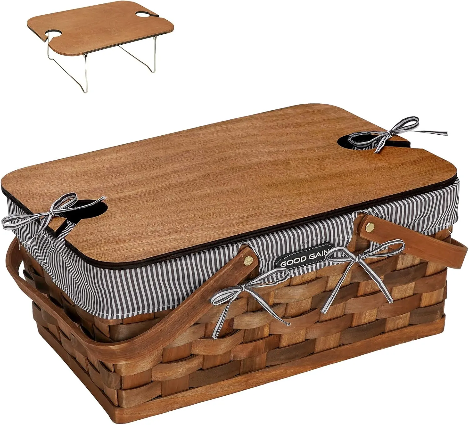 Woodchip Picnic Basket with Portable Wine Table, Woven Basket with 2 Swing Handles & Removable Lining, Empty Large Basket for Picnic, Outdoor, Camping, Family, Party, Wedding Gifts for Couple. Grey