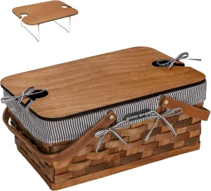 Woodchip Picnic Basket with Portable Wine Table, Woven Basket with 2 Swing Handles & Removable Lining, Empty Large Basket for Picnic, Outdoor, Camping, Family, Party, Wedding Gifts for Couple. Grey