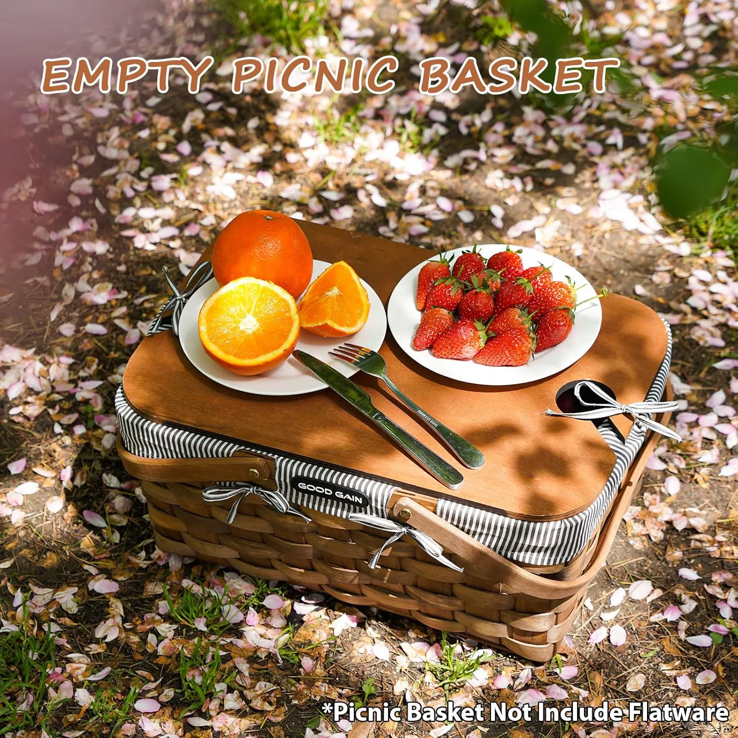 Woodchip Picnic Basket with Portable Wine Table, Woven Basket with 2 Swing Handles & Removable Lining, Empty Large Basket for Picnic, Outdoor, Camping, Family, Party, Wedding Gifts for Couple. Grey