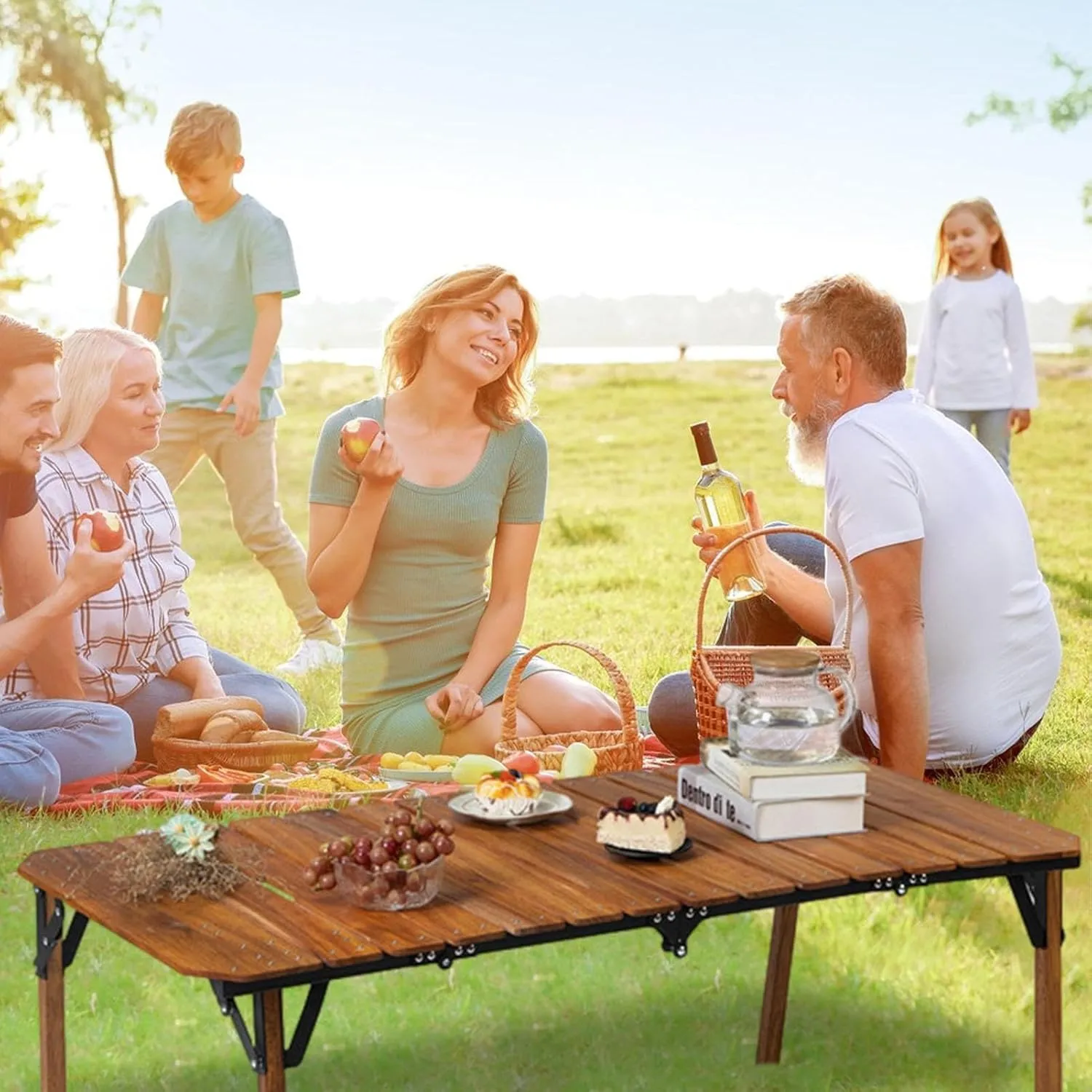Wooden Portable Camp Kitchen Table, Outdoor Grilling Foldable Tables, Rectangle Aluminum Desktop Roll Up Table Top, Portable Camp Kitchen with Utensil Tables, Foldable Camping Table with Adjustable