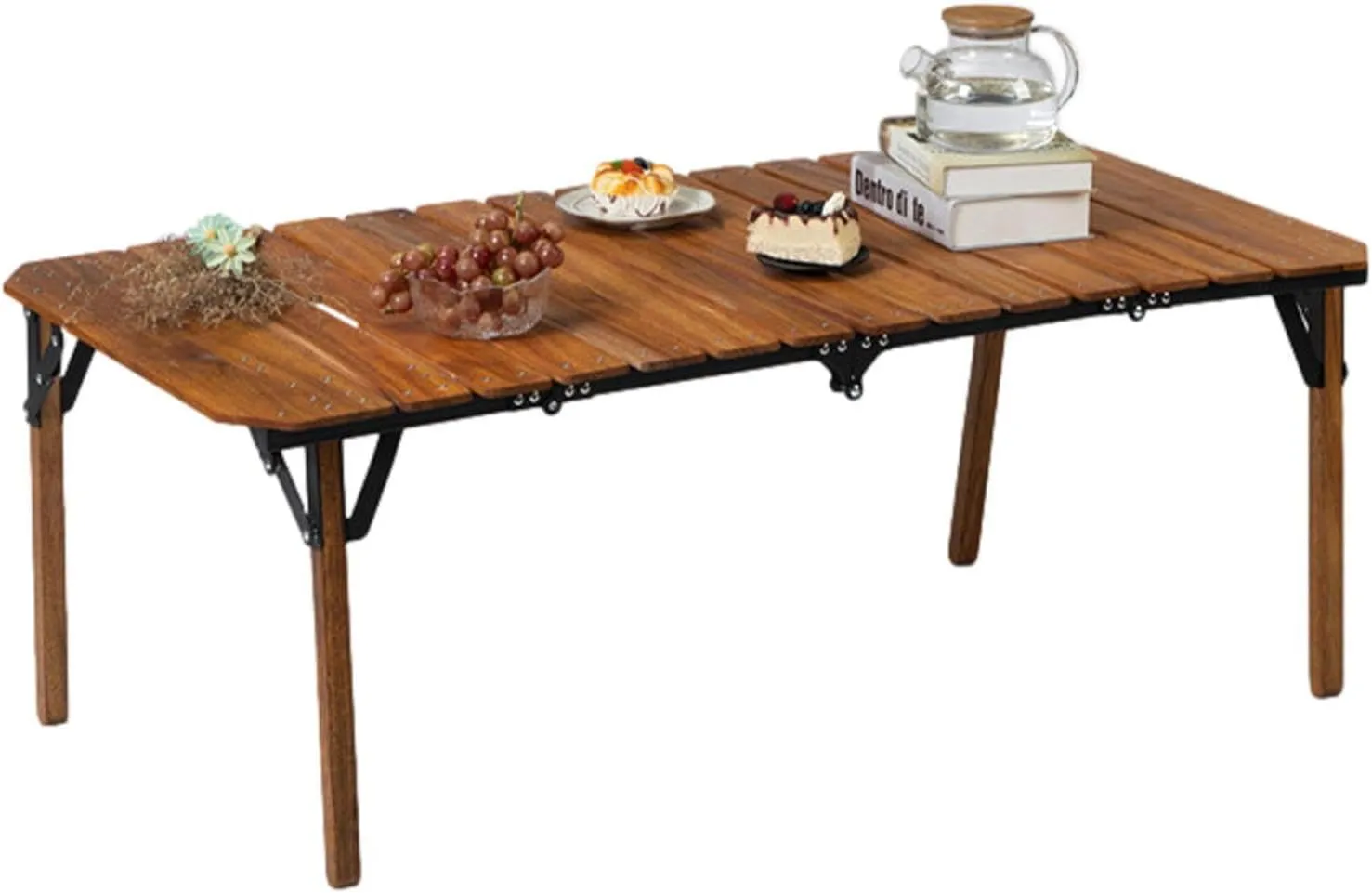 Wooden Portable Camp Kitchen Table, Outdoor Grilling Foldable Tables, Rectangle Aluminum Desktop Roll Up Table Top, Portable Camp Kitchen with Utensil Tables, Foldable Camping Table with Adjustable