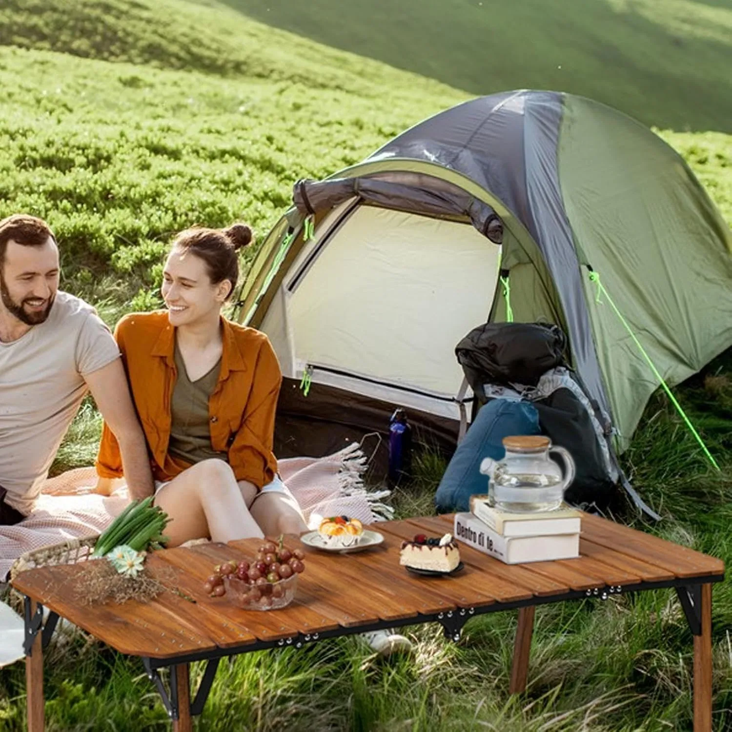 Wooden Portable Camp Kitchen Table, Outdoor Grilling Foldable Tables, Rectangle Aluminum Desktop Roll Up Table Top, Portable Camp Kitchen with Utensil Tables, Foldable Camping Table with Adjustable