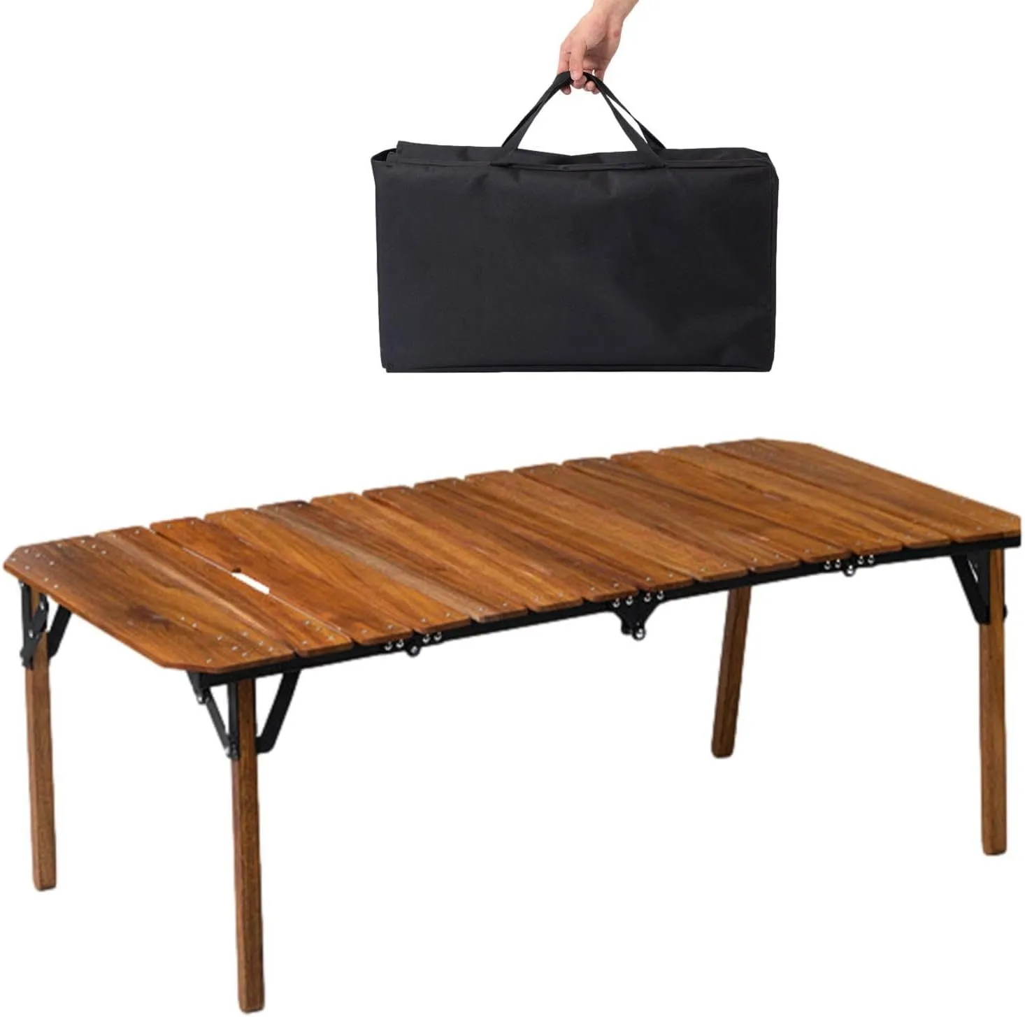 Wooden Portable Camp Kitchen Table, Outdoor Grilling Foldable Tables, Rectangle Aluminum Desktop Roll Up Table Top, Portable Camp Kitchen with Utensil Tables, Foldable Camping Table with Adjustable