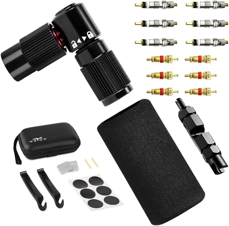 WOTOW CO2 Inflator for Bike Tires with Storage Case, Quick Inflate Bicycle Pump Nozzle Fits Presta/Schrader Valve & Insulated Sleeve & Tire Repair Tool Glueless Tube Patch Kit, No Cartridge