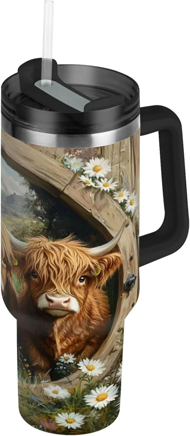 xigua 40 oz Cute Highland Cows Tumbler with Handle and Straw Lid, Stainless Steel Vacuum Insulated Sports Water Bottle, Keeps Cold or Hot Coffee Cup Travel Mug