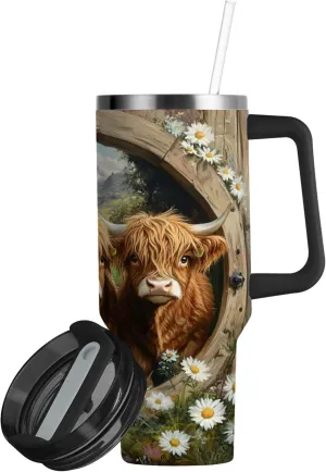 xigua 40 oz Cute Highland Cows Tumbler with Handle and Straw Lid, Stainless Steel Vacuum Insulated Sports Water Bottle, Keeps Cold or Hot Coffee Cup Travel Mug
