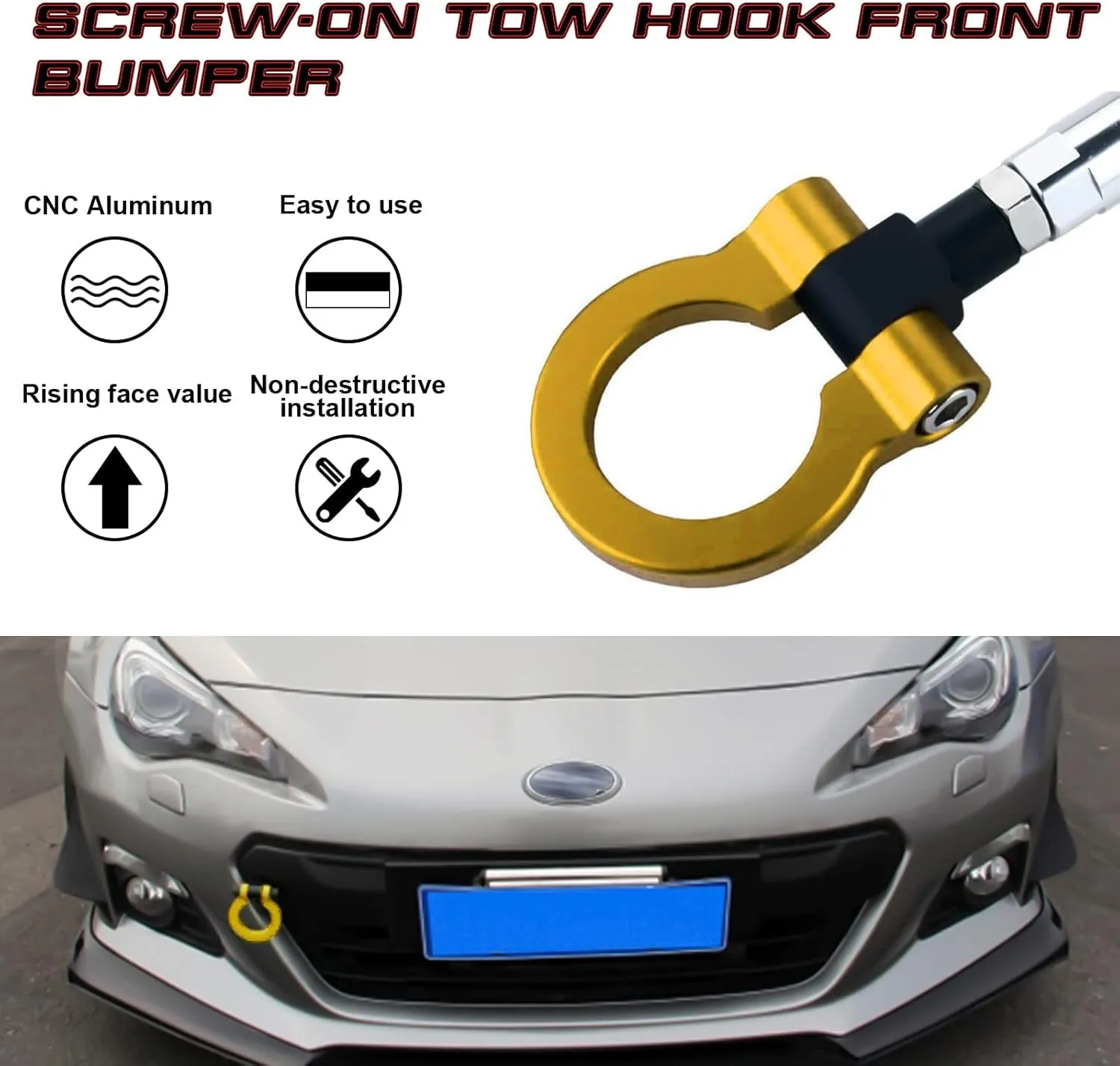 Xotic Tech JDM Sport Track Racing Style CNC Aluminum Screw-on Tow Hook Front Rear Bumper Compatible with Scion FR-S or Toyota 86 or Subaru BRZ Impreza WRX STi (Gold)