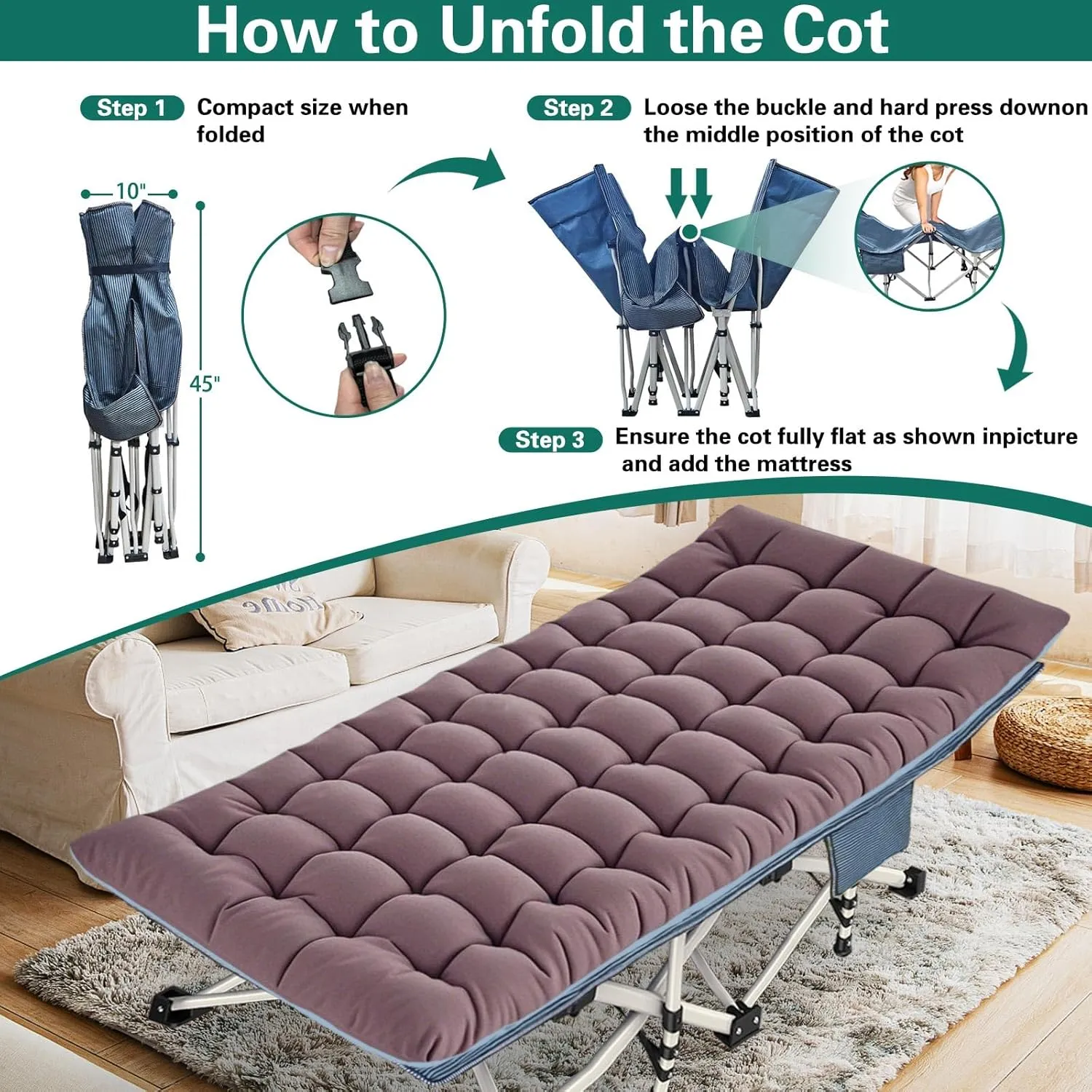 XXL Oversize Camping Cot with Comfortable Mattress Camping Cots for Adults 32 Inches Wide Cots for Sleeping Camping Bed Folding Cot Heavy Duty with Carry Bag Easy to Install Outdoor Indoor