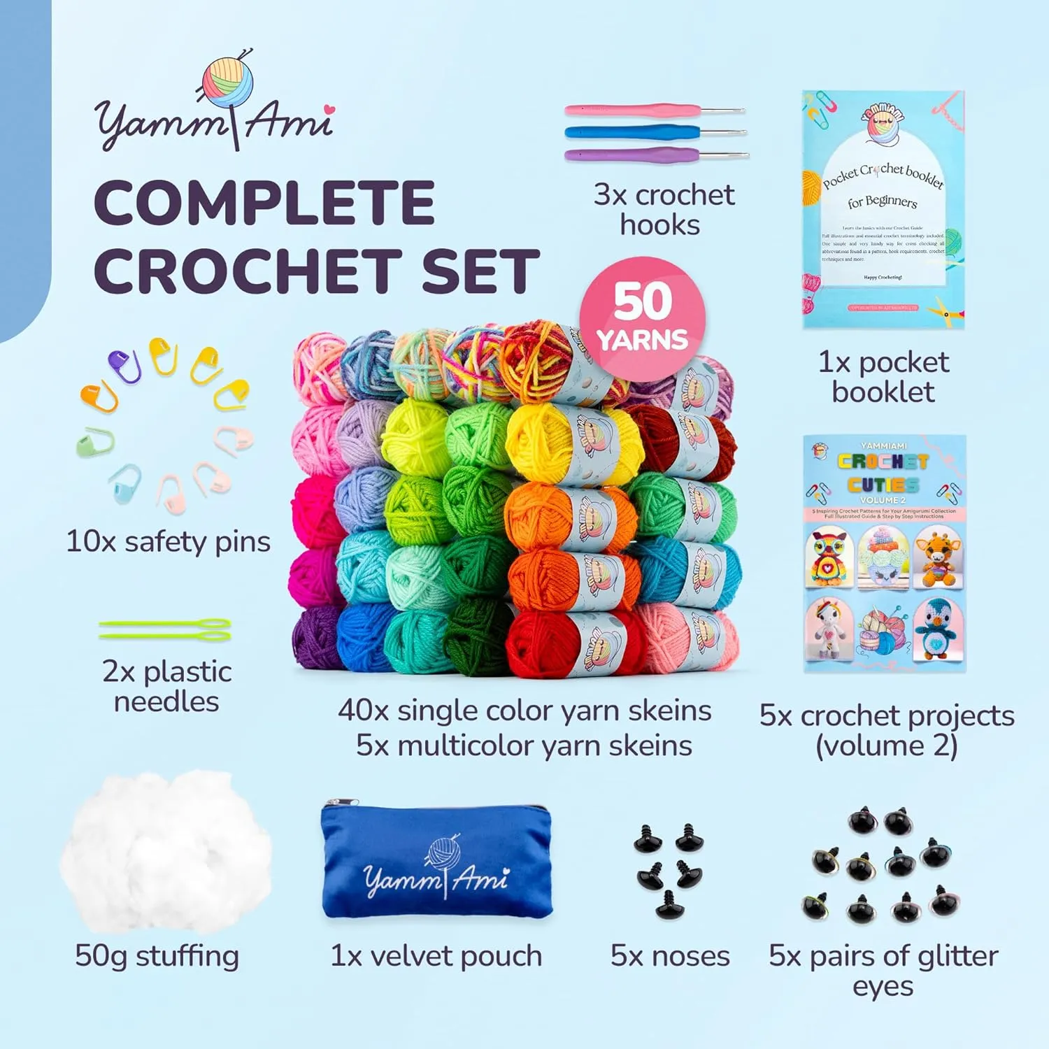YammiAmi 1,800 Yards Beginner Crochet Kit for Kids & Adults – 84 Pc Amigurumi Crochet Kit for Starters with 50 Skeins Yarn, Accessories Set, Ergonomic Hooks, Instruction Book to Learn Crocheting