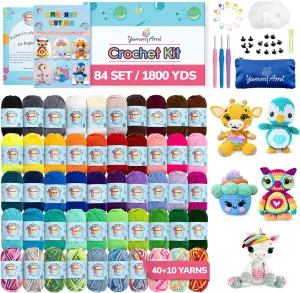 YammiAmi 1,800 Yards Beginner Crochet Kit for Kids & Adults – 84 Pc Amigurumi Crochet Kit for Starters with 50 Skeins Yarn, Accessories Set, Ergonomic Hooks, Instruction Book to Learn Crocheting