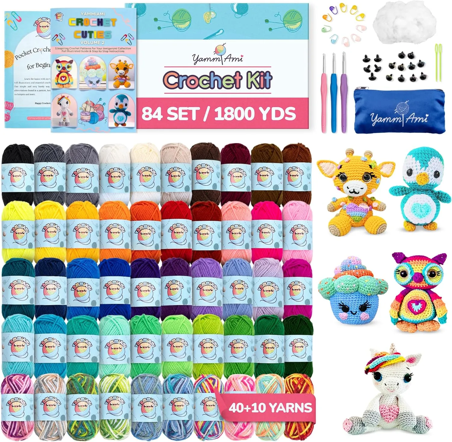 YammiAmi 1,800 Yards Beginner Crochet Kit for Kids & Adults – 84 Pc Amigurumi Crochet Kit for Starters with 50 Skeins Yarn, Accessories Set, Ergonomic Hooks, Instruction Book to Learn Crocheting