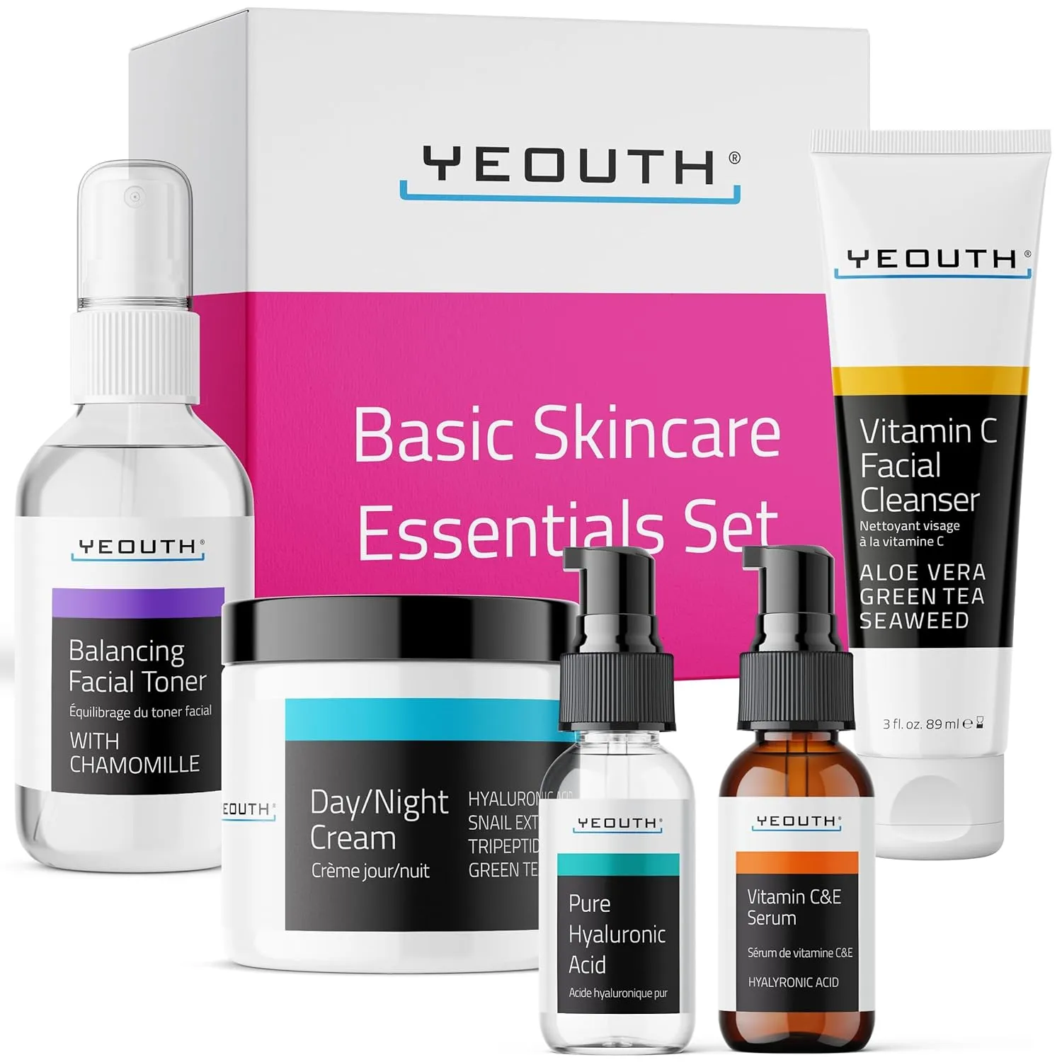 YEOUTH Skin Care Set: Hyaluronic Acid Serum for Face, Vitamin C Serum, Face Cleanser, Toner & Cream, Hydrating Skin Care Gift Set 5-Piece