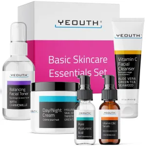 YEOUTH Skin Care Set: Hyaluronic Acid Serum for Face, Vitamin C Serum, Face Cleanser, Toner & Cream, Hydrating Skin Care Gift Set 5-Piece