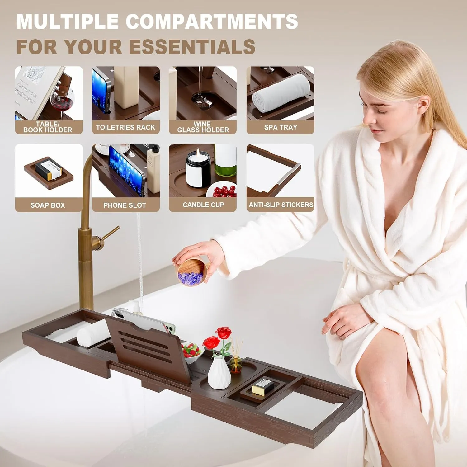 Yirilan Foldable Bamboo Bathtub Tray Caddy, Bathtub Tray, Can Place Wine Glasses, Books, Mobile Phones Multifunctional Bath Tub Tray, Suitable for Gifts in Various Festivals, Brown