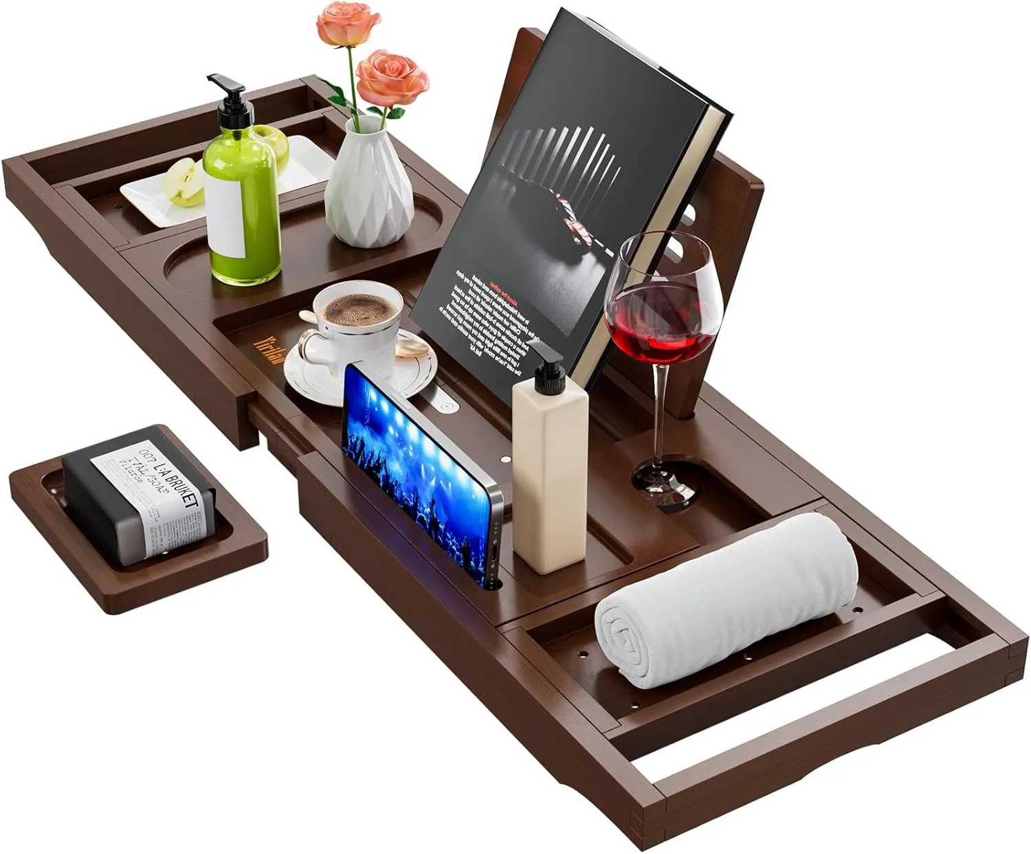 Yirilan Foldable Bamboo Bathtub Tray Caddy, Bathtub Tray, Can Place Wine Glasses, Books, Mobile Phones Multifunctional Bath Tub Tray, Suitable for Gifts in Various Festivals, Brown
